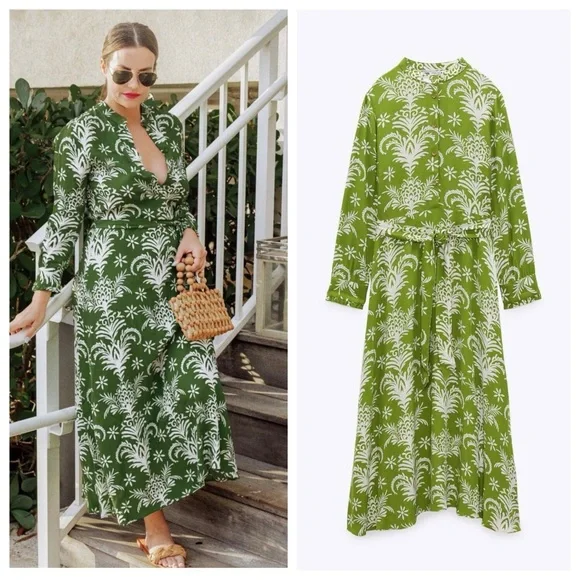 ZARA WOMAN MIDI BELTED PRINTED DRESS FLOWY GREEN | 5216/046 | SIZE: MEDIUM - Picture 5 of 7